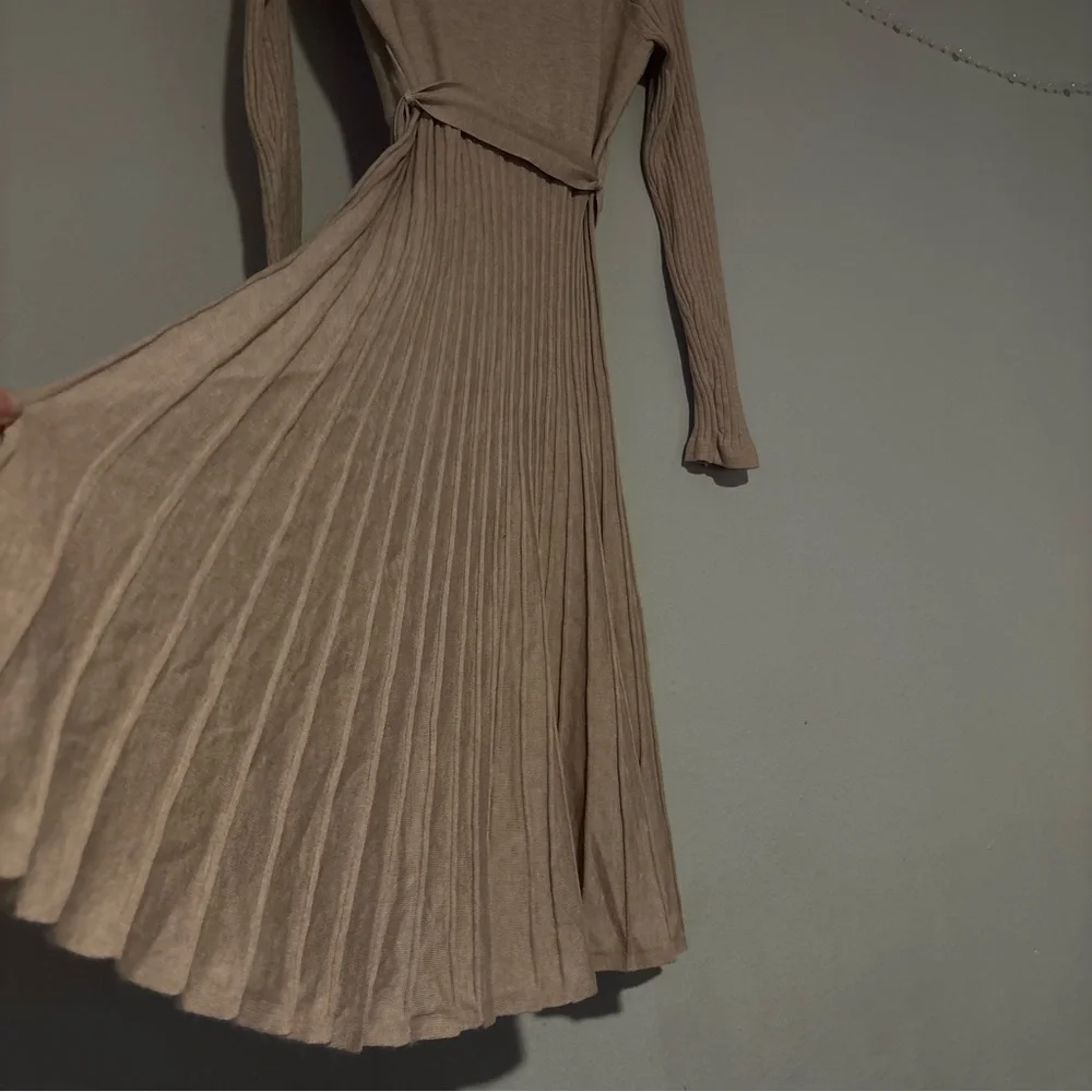 Tan A-Line Wrap Dress with Cuffed Sleeves